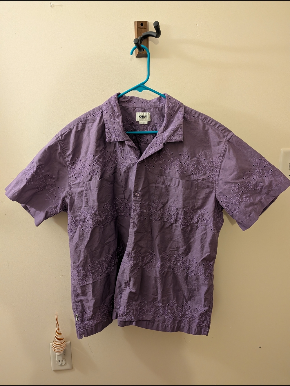 Obey Men's Lavender Short Sleeve Eyelet Button-Down Shirt